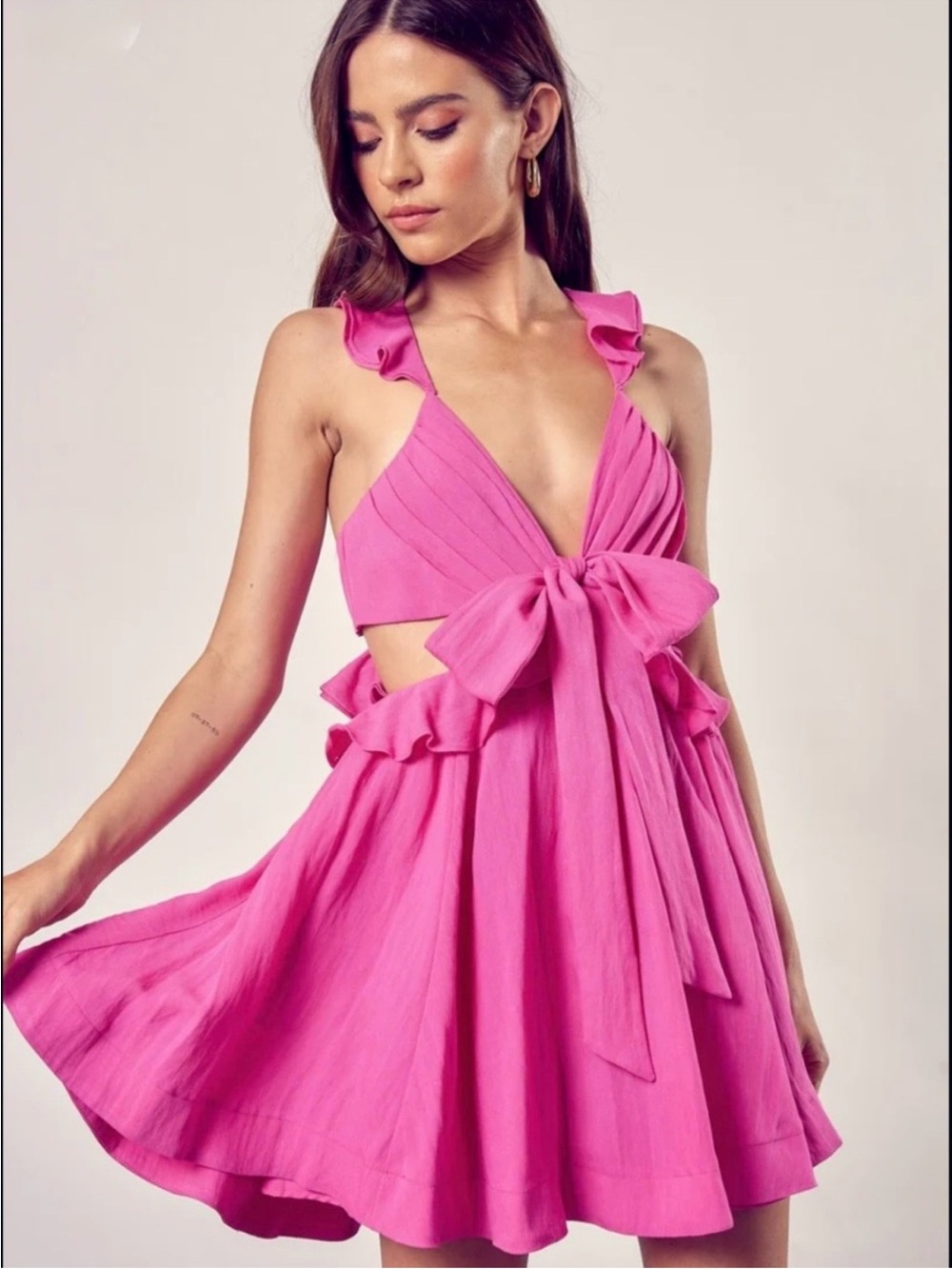 T2) Do+BE 🌸Pink Tie-Front Ruffle Mini Dress